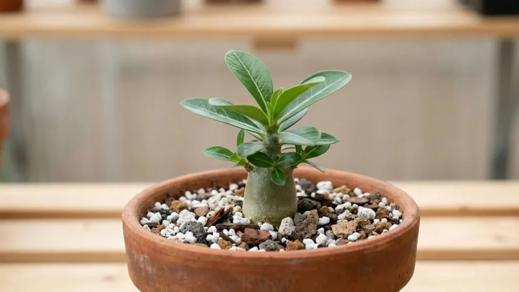 Muda jovem de rosa do deserto (Adenium obesum) recém-enraizada em vaso com substrato drenável, representando os cuidados essenciais após fazer a muda de rosa do deserto.