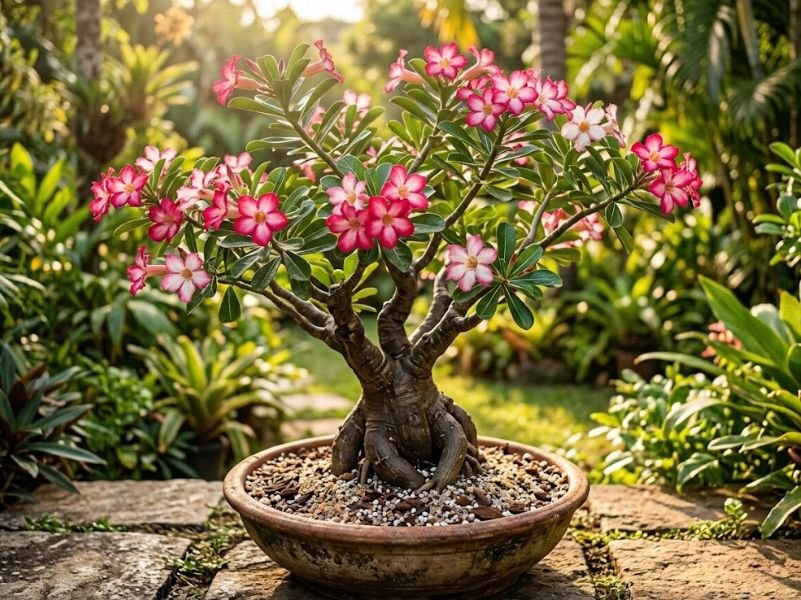 Rosa do deserto saudável e florida cultivada em substrato bem drenado