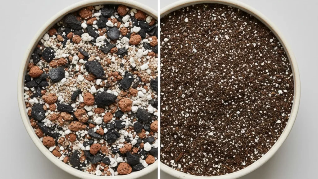 Diferença entre substrato para rosa do deserto e terra comum, mostrando mistura drenável e solo compacto