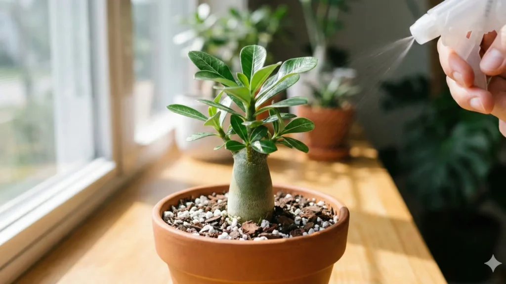 Muda de rosa do deserto sendo regada em excesso com borrifador, ilustrando um dos erros comuns ao fazer muda de rosa do deserto, que pode causar apodrecimento das raízes.