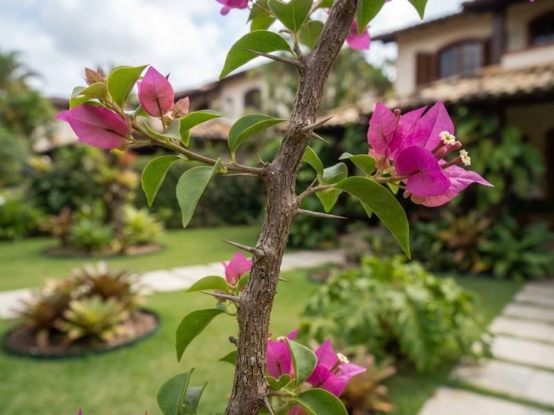 Espinhos naturais em ramo lenhoso de Bougainvillea com brácteas magenta