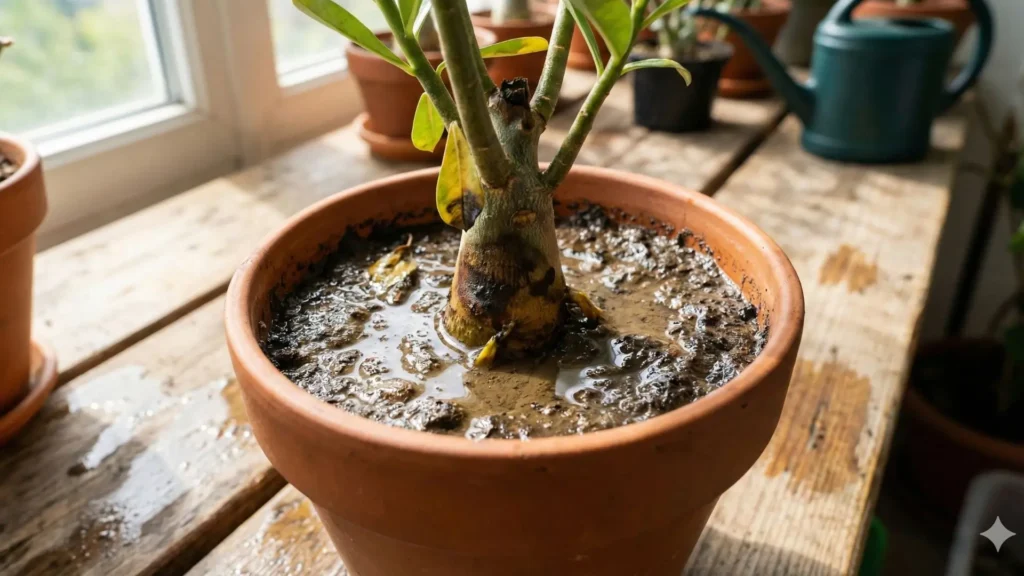 Muda de rosa do deserto com sinais de apodrecimento no caule causada por excesso de água e substrato encharcado durante o enraizamento.