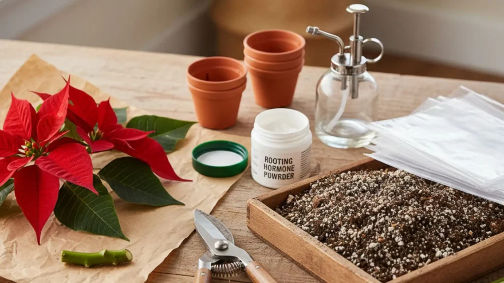 Materiais essenciais para fazer mudas de flor de Natal, incluindo tesoura de poda, folhas da planta, hormônio enraizador, vasos pequenos e substrato.