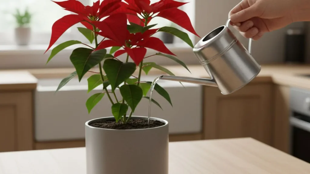 Pessoa regando uma Flor de Natal como cuidar em vaso dentro de casa, mostrando a rega correta para manter a planta saudável