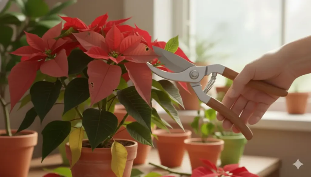 Pessoa podando uma Flor de Natal como cuidar corretamente para estimular nova floração após o período natalino.