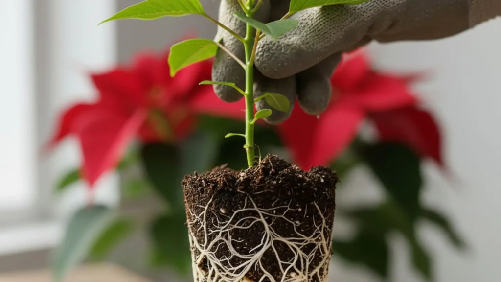 Muda jovem de Flor de Natal sendo plantada com as raízes expostas, ilustrando o processo de Flor de Natal, como fazer mudas.