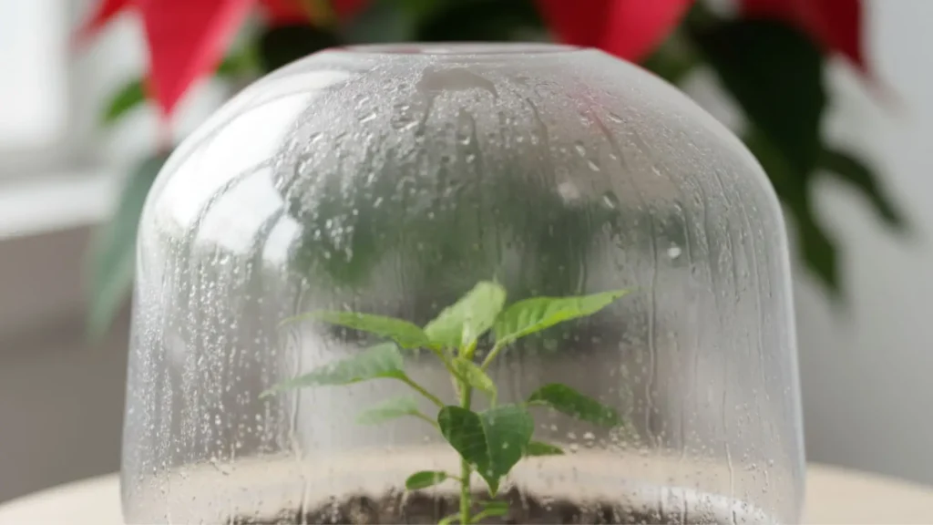 Muda de flor de Natal em estufa transparente com vapor interno nos primeiros dias de enraizamento.