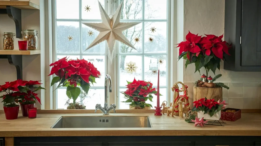 Flor de Natal vermelha decorando a cozinha com vasos posicionados na janela e sobre a bancada.