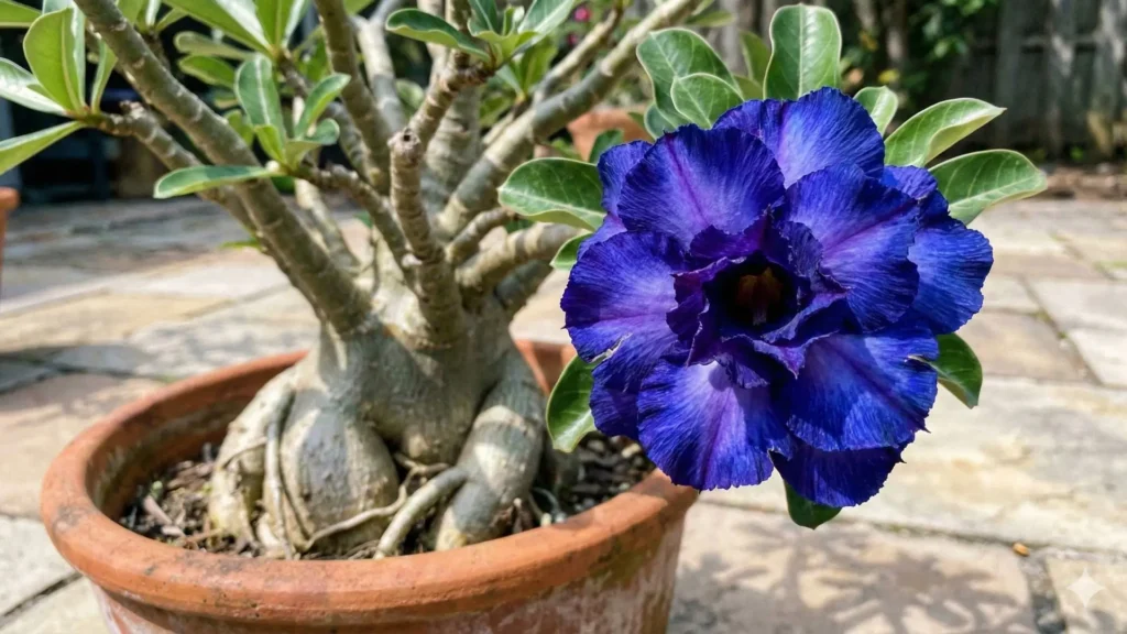 Rosa do deserto azul em vaso com cor intensa usada como exemplo para identificar fotos falsas da planta