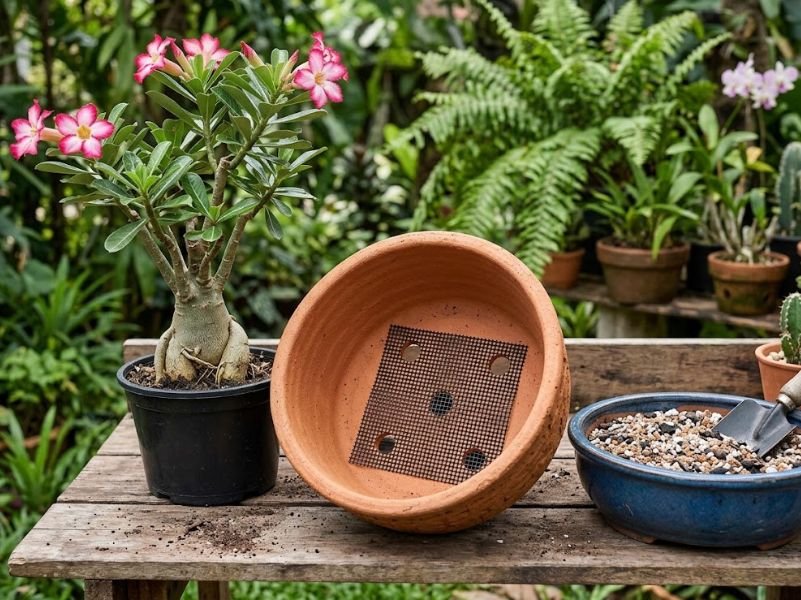 Furos do vaso de rosa do deserto protegidos por uma pequena tela
