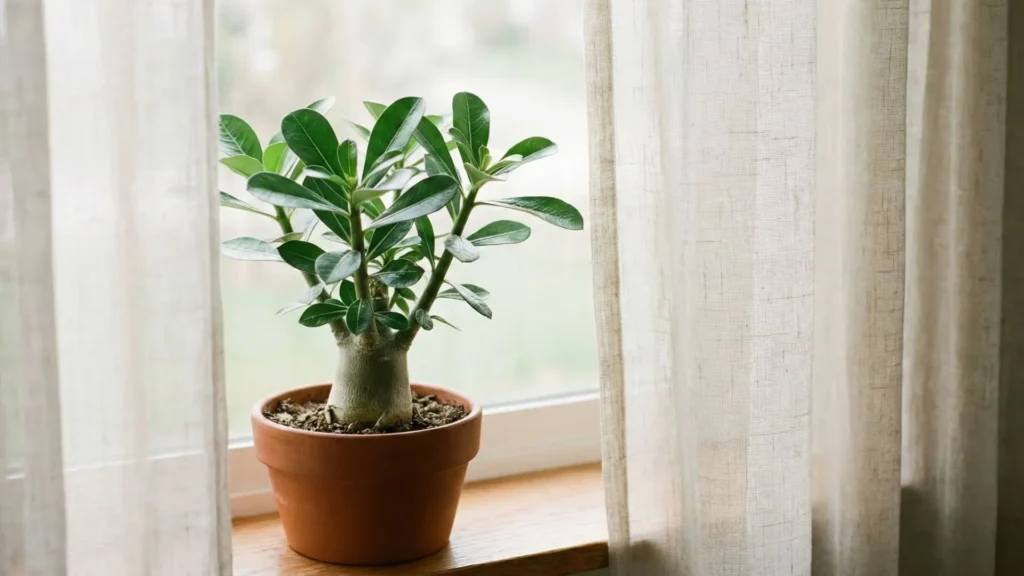 Muda de rosa do deserto cultivada em vaso de barro, posicionada próxima a uma janela com cortina clara, recebendo luz indireta, em ambiente bem ventilado e com temperatura controlada.