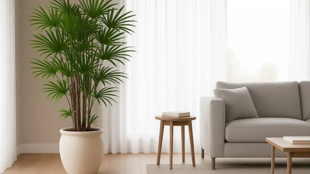 Palmeira ráfia em vaso posicionada perto de janela com luz filtrada — melhor lugar para colocar a palmeira ráfia em ambientes internos.