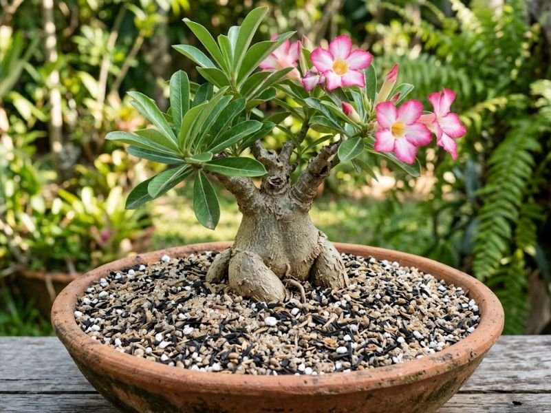 Rosa do deserto saudável cultivada em substrato leve, solto e granuloso