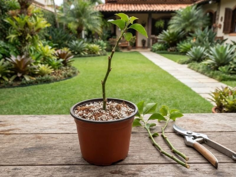 Estaca de Bougainvillea plantada em pequeno recipiente para enraizamento