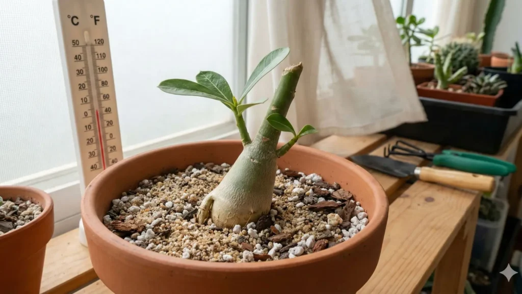Muda de rosa do deserto recém-plantada em substrato leve e drenável, posicionada em ambiente com temperatura controlada, demonstrando práticas que aumentam a taxa de pegamento no enraizamento.