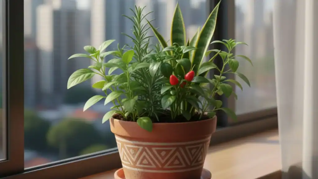 Vaso de sete ervas posicionado em parapeito de janela de apartamento, recebendo luz natural indireta.