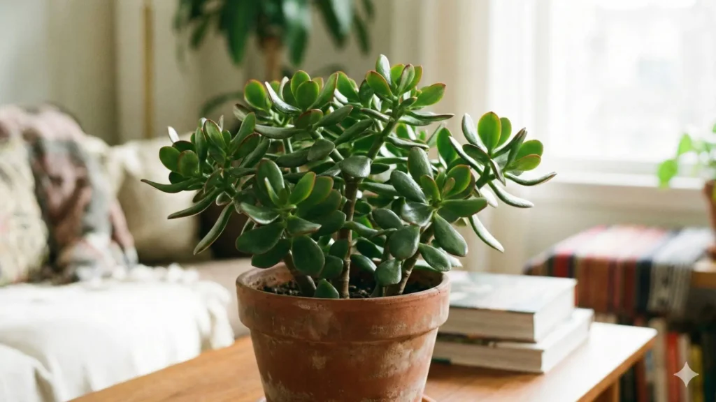 Suculenta jade em vaso de cerâmica posicionada sobre mesa de madeira em ambiente interno com luz natural
