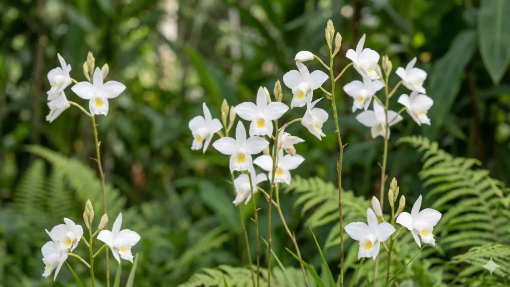 Orquídea bambu branca em floração, com hastes altas e flores delicadas contrastando com o verde do jardim