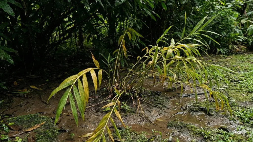 Orquídea bambu com folhas amareladas em solo encharcado, exemplo de erro na rega e na drenagem