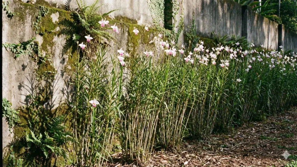 Orquídea bambu plantada ao longo de muro, formando cerca viva natural com floração delicada