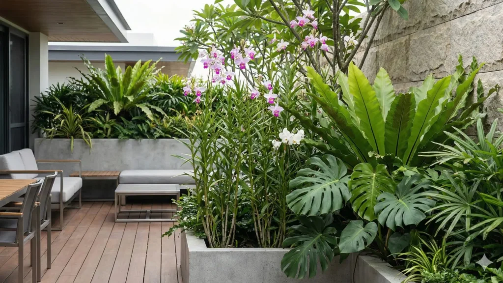 Orquídea bambu usada no paisagismo junto a muro e jardim vertical, criando ambiente verde e sofisticado