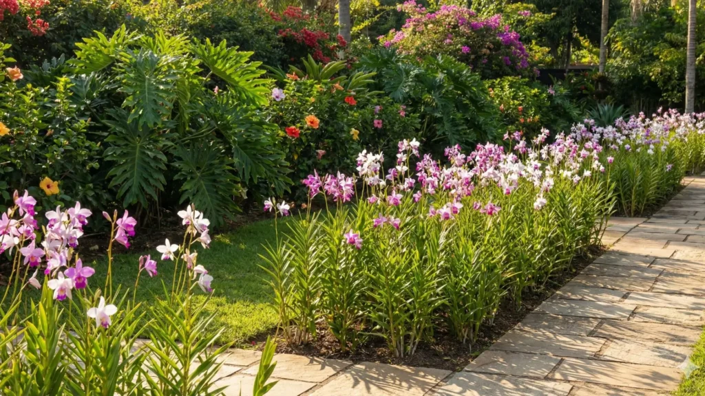 Orquídea bambu plantada em bordadura de jardim tropical ao longo de caminho paisagístico