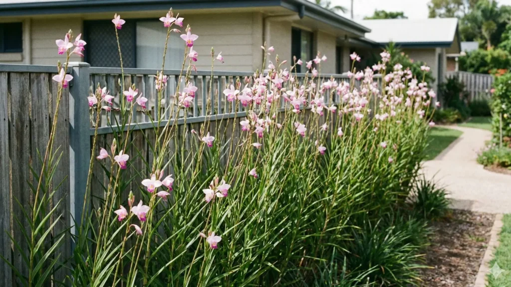 Orquídea bambu usada como cerca viva em paisagismo moderno, com floração rosa ao longo de caminho residencial