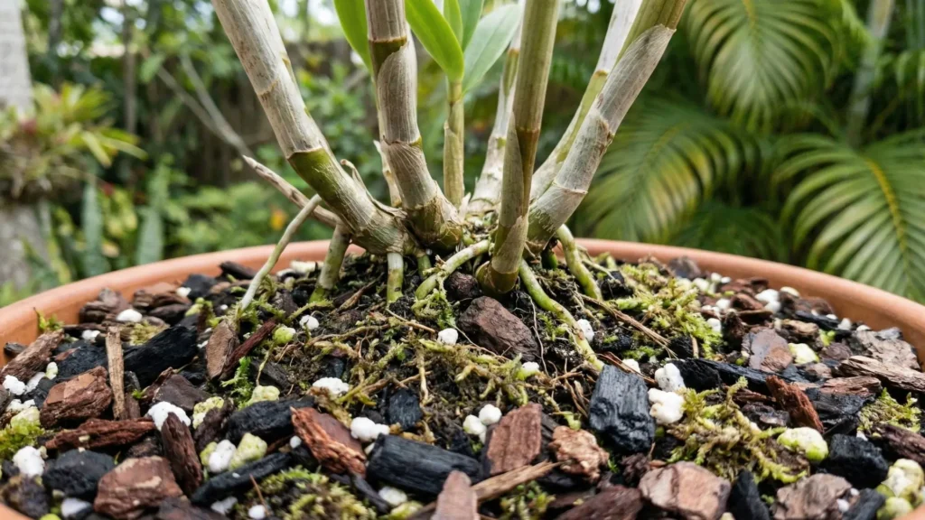 Raízes da orquídea bambu em vaso, cultivadas em substrato drenado com casca de pinus e carvão vegetal