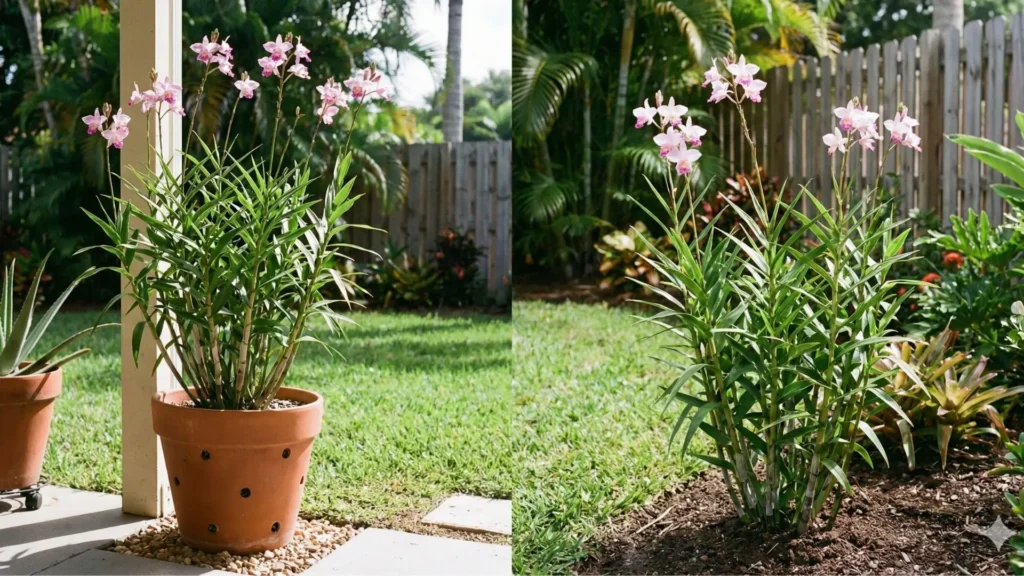 Orquídea bambu cultivada em vaso e no solo, mostrando diferenças de porte e desenvolvimento no jardim