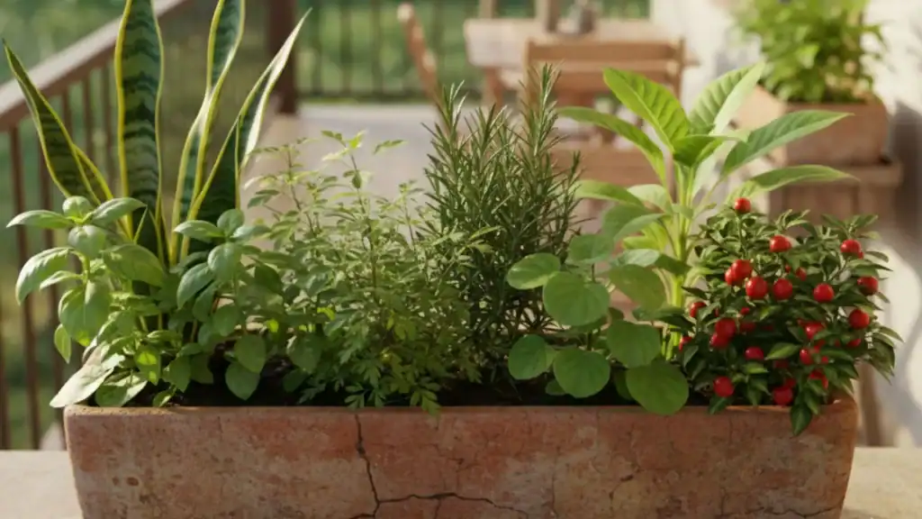 Vaso 7 ervas com plantas simbólicas como alecrim, arruda, manjericão, guiné, comigo-ninguém-pode, espada-de-são-jorge e pimenteira, em floreira de barro rústica ao ar livre.