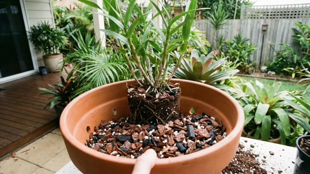 Passo a passo do plantio da orquídea bambu em vaso, com substrato drenado e muda posicionada corretamente