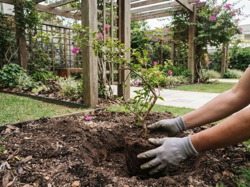 Muda jovem de Bougainvillea sendo plantada próxima a pergolado