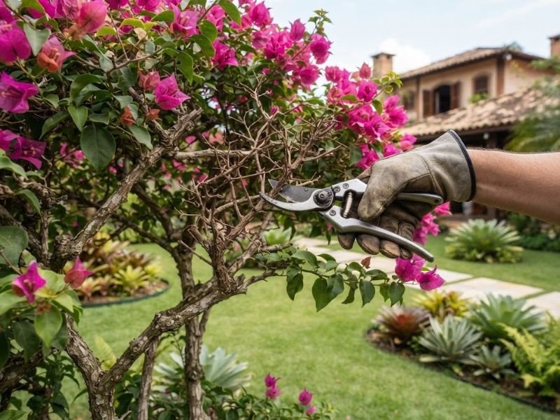 Poda leve de ramo de Bougainvillea com tesoura e luva
