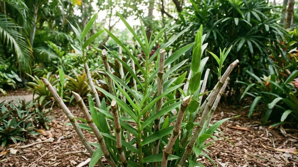 Orquídea bambu após poda correta, com hastes cortadas e novas brotações surgindo