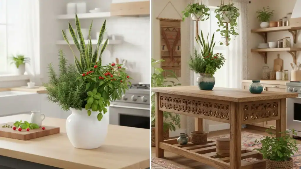 Vaso 7 ervas em destaque sobre bancadas de cozinha, com ervas vibrantes como alecrim, manjericão, pimenteira e espada-de-são-jorge, simbolizando energia e proteção no ambiente.