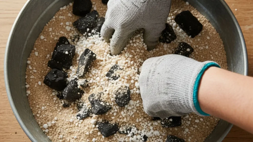 Preparo manual de substrato para rosa do deserto com areia grossa, carvão vegetal e perlita em recipiente metálico