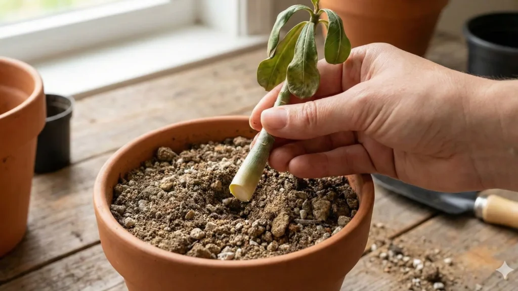 Muda de rosa do deserto sendo plantada antes do enraizamento completo, mostrando estaca ainda sem raízes firmes, erro comum causado pela pressa no enraizamento.