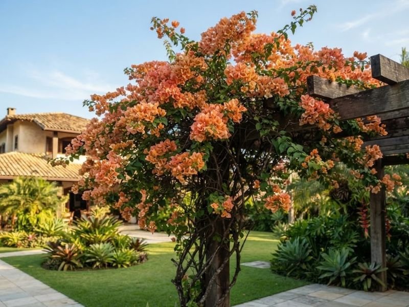 Bougainvillea alaranjada em tons de coral e salmão sobre pergolado