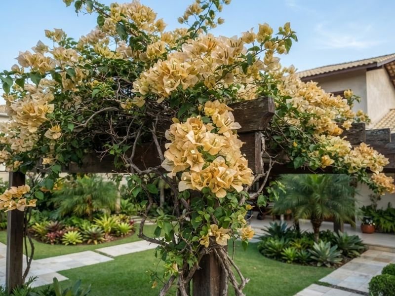 Bougainvillea dourada com brácteas creme-amareladas em pergolado