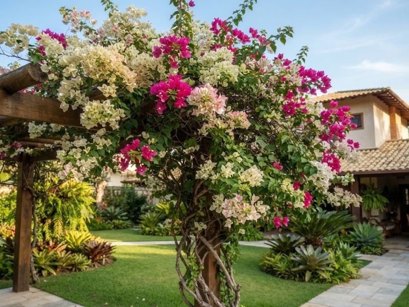 Bougainvillea bicolor com brácteas claras e magenta na mesma planta