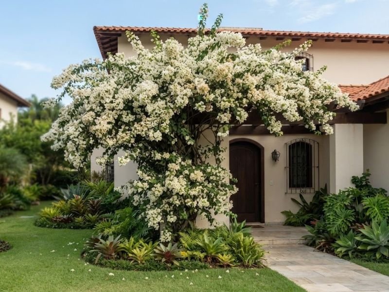 Bougainvillea branca florida junto à entrada de residência