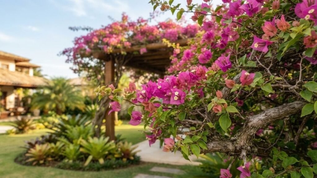 Primavera Bougainvillea florida em primeiro plano com pergolado ao fundo