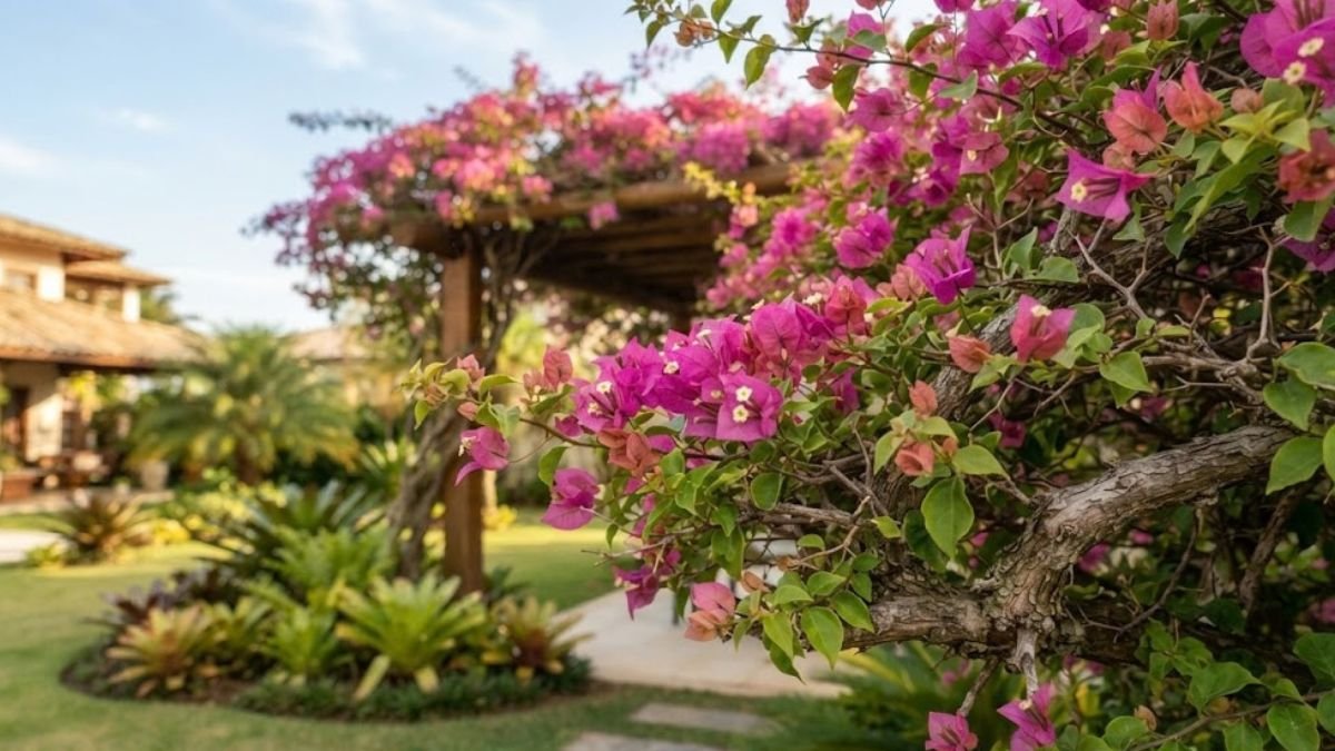 Primavera Bougainvillea florida em primeiro plano com pergolado ao fundo