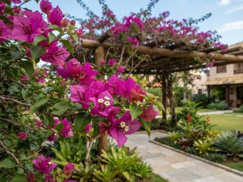 Bougainvillea magenta com brácteas intensas e pequenas flores claras