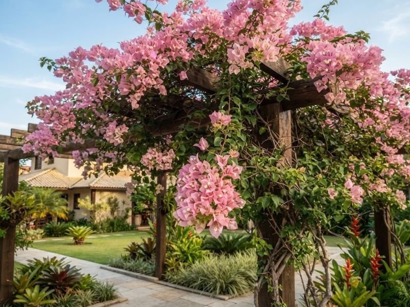 Bougainvillea rosa florida conduzida sobre pergolado de madeira