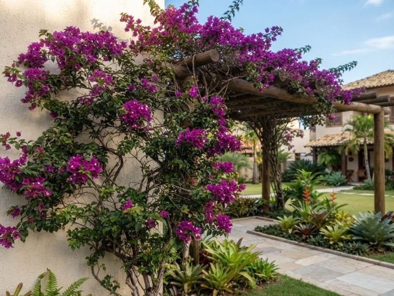Bougainvillea roxa conduzida junto a muro claro no jardim