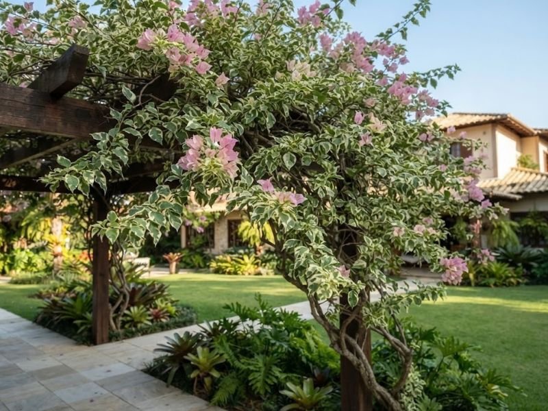 Bougainvillea variegata com folhas verdes e creme e brácteas rosa