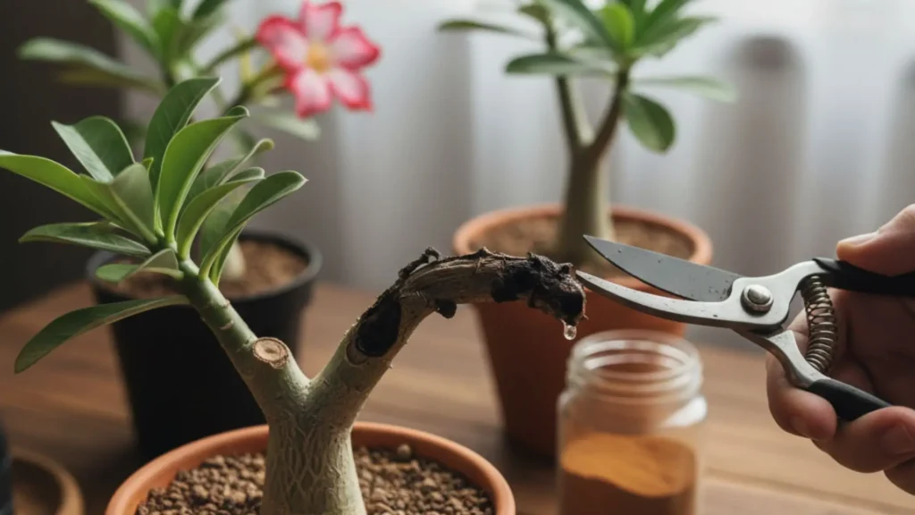 Galho de rosa do deserto com sinais de apodrecimento sendo cortado com tesoura de poda, ilustrando quando não é indicado como fazer muda de rosa do deserto.