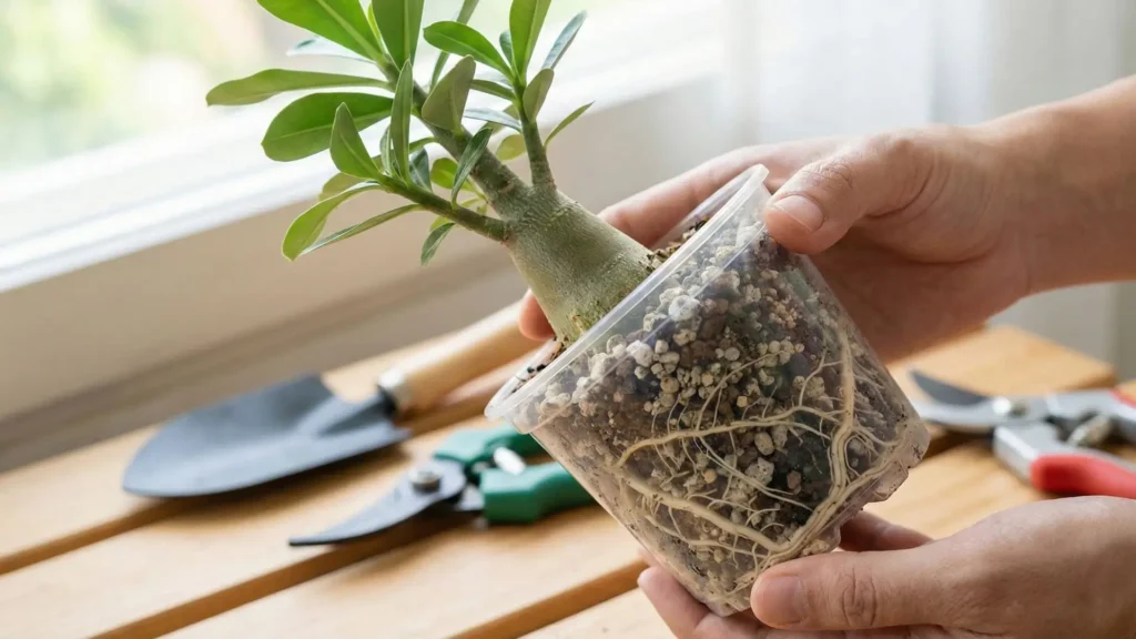 Muda de rosa do deserto enraizada sendo retirada de copo transparente, mostrando raízes bem formadas no substrato, momento ideal para transplantar a muda com segurança.