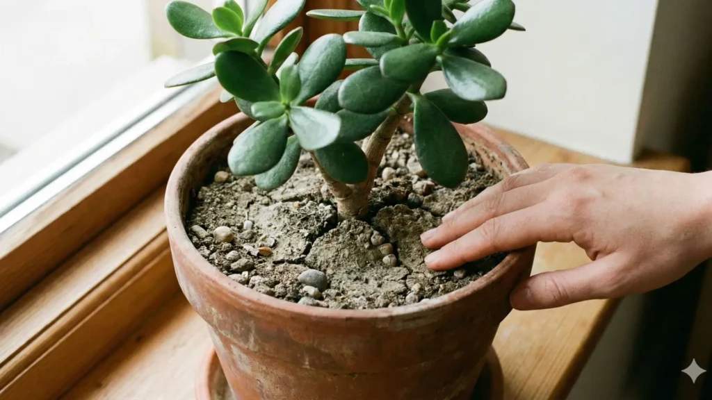 Pessoa verificando a umidade do solo em vaso de barro com suculenta jade posicionada próxima à janela